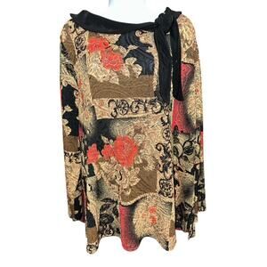 Sharon Anthony 2X Top BOHO Black Red Floral Stretch Woven Shiny Gold Neck Ties